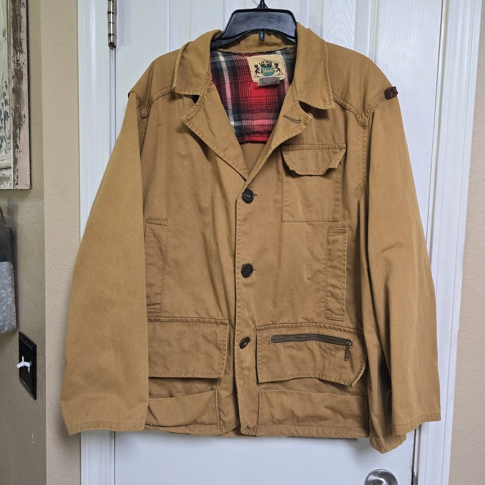 Vintage Ideal Hunting Jacket Mens 46 Brown Canvas Plaid Lined Field Coat USA